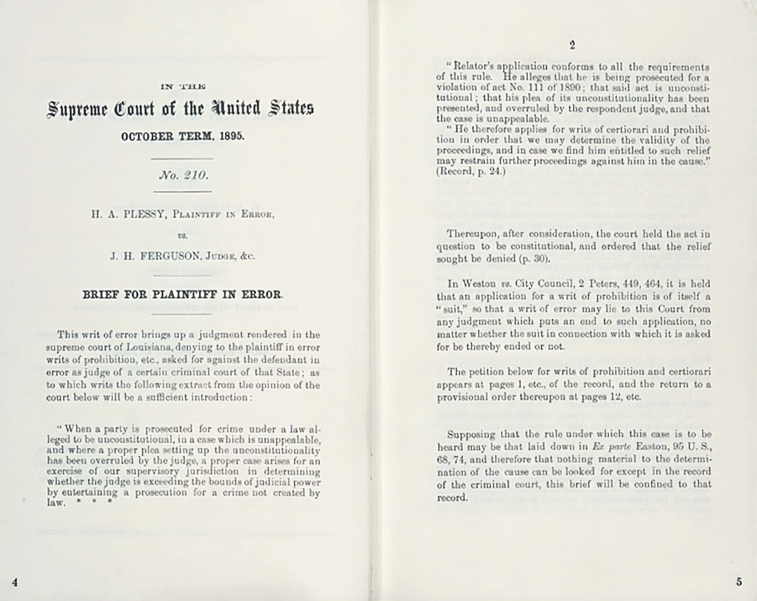 The first two pages of Homer Plessy's brief in the Supreme Court.